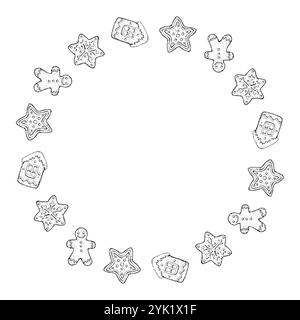 Illustrazione vettoriale disegnata a mano di una cornice circolare fatta di biscotti natalizi, uomini di pan di zenzero, stelle, fiocchi di neve e case. Perfetto per Illustrazione Vettoriale