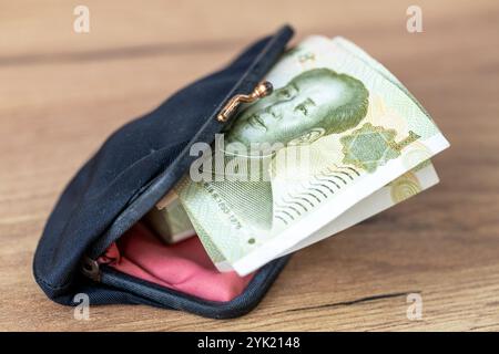 Soldi della Cina. Vecchia borsa e un rotolo di piccoli soldi che ne escono, concetto finanziario. Qualche yuan, primo piano Foto Stock