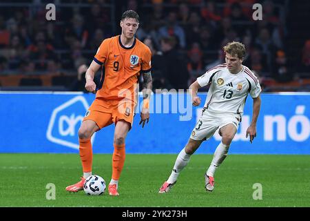 Amsterdam, Germania. 16 novembre 2024. Fussball UEFA Nations League Niederlande - Ungarn am 16.11.2024 in der Johan Cruijff Arena di Amsterdam Wout Weghorst ( Niederlande ), links - Andras Schaefer ( Ungarn ), rechts foto: Revierfoto crediti: ddp media GmbH/Alamy Live News Foto Stock