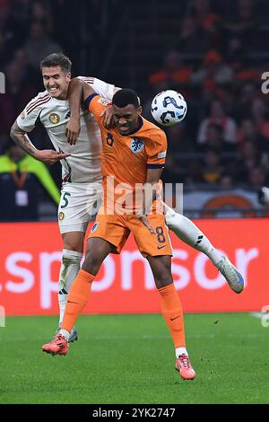 Amsterdam, Germania. 16 novembre 2024. Fussball UEFA Nations League Niederlande - Ungarn am 16.11.2024 in der Johan Cruijff Arena di Amsterdam Ryan Gravenberch ( Niederlande ), vorne - Tamas Nikitscher ( Ungarn ), hinten foto: Revierfoto crediti: ddp media GmbH/Alamy Live News Foto Stock