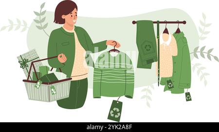 Shopping. Abbigliamento ecologico moda sostenibile. Donna che compra un maglione alla moda. Appendiabiti diversi realizzati in tessuto riciclato Illustrazione Vettoriale