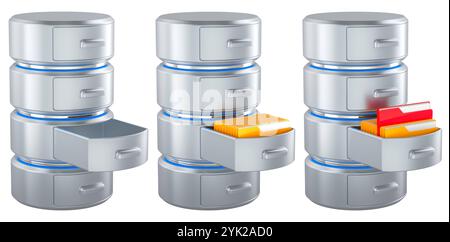 Database vuoto e database con cartelle all'interno, rendering 3D isolato su sfondo bianco Foto Stock