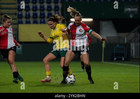 Sittard, Paesi Bassi. 16 novembre 2024. Sittard, Paesi Bassi, 16 novembre 2024: Sanne Arons (21 fortuna Sittard Vrouwen) e durante la partita Azerion Vrouwen Eredivisie tra fortuna Sittard Vrouwen e Feyenoord Vrouwen al fortuna Sittard Stadion di Sittard, Paesi Bassi (Martin Pitsch/SPP) credito: SPP Sport Press Photo. /Alamy Live News Foto Stock