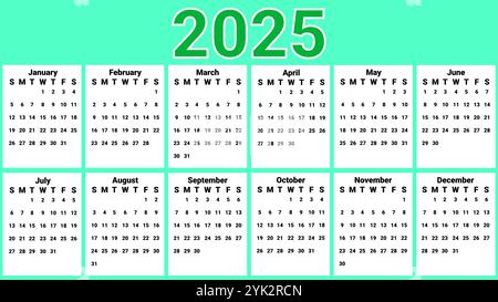 Calendario 2025 con tema verde e sfondo bianco per ogni mese Illustrazione Vettoriale