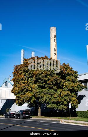 Insegna Heinz su una pila presso l'impianto Highbury Canco in Oak Street East nel centro di Leamington, Ontario, Canada Foto Stock