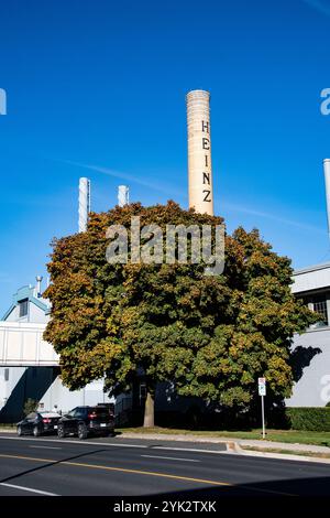 Insegna Heinz su una pila presso l'impianto Highbury Canco in Oak Street East nel centro di Leamington, Ontario, Canada Foto Stock