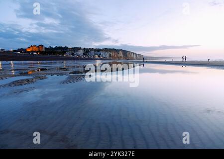 Atmosfera serale sulla spiaggia con la bassa marea con scogliere di gesso e castello (Château de Dieppe) a Dieppe sulla costa di alabastro (Côte d&#39;Albâtre, Cote d&#3 Foto Stock