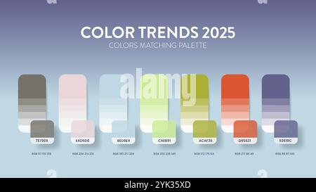 Tendenze colore 2025 tavolozze o schemi di colori sono combinazioni di tendenze e guide di tavolozza quest'anno, una tabella di sfumature di colore in RGB o ESADECIMALE. Virgola di colore Illustrazione Vettoriale