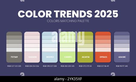 Tendenze colore 2025 tavolozze o schemi di colori sono combinazioni di tendenze e guide di tavolozza quest'anno, una tabella di sfumature di colore in RGB o ESADECIMALE. Virgola di colore Illustrazione Vettoriale