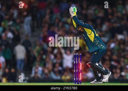 Sydney, Australia. 16 novembre 2024. Josh Inglis dell'Australia corre contro Haris Rauf l'ultimo wicket del Pakistan durante la seconda partita maschile T20I tra Australia e Pakistan al Sydney Cricket Ground. L'Australia ha vinto la seconda partita T20I contro il Pakistan per 13 punti al Sydney Cricket Ground. L'Australia conduce la serie T20 2-0 con l'ultima partita T20 che si disputerà il 18 novembre al Bellerive Oval in Tasmania. Australia: 147/9 (20 over), Paklistan: 134/10 (19,4 over). (Foto di Ayush Kumar/SOPA Images/Sipa USA) credito: SIPA USA/Alamy Live News Foto Stock