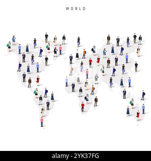 Mappa della popolazione mondiale. Un grande gruppo di persone a forma di mappa del mondo. Illustrazione vettoriale piatta isolata su bianco Illustrazione Vettoriale