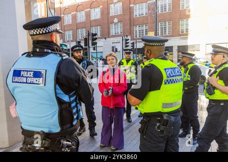 Leeds, Regno Unito. 16 NOVEMBRE 2024. La polizia ferma gli attivisti sul Headrow mentre la domanda giovanile ha bloccato 2 strade nel centro di Leeds alla fine di una settimana di azioni pro Palestina in tutto il paese, a seguito della seconda azione, 3 attivisti sono stati effettivamente banditi dal centro della città in quanto sono stati emessi con ordini S34/S35 e scortati ai margini della città di non tornare per 24 ore. Credito Milo Chandler/Alamy Live News Foto Stock