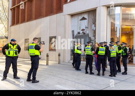 Leeds, Regno Unito. 16 NOVEMBRE 2024. La polizia ferma gli attivisti sul Headrow mentre la domanda giovanile ha bloccato 2 strade nel centro di Leeds alla fine di una settimana di azioni pro Palestina in tutto il paese, a seguito della seconda azione, 3 attivisti sono stati effettivamente banditi dal centro della città in quanto sono stati emessi con ordini S34/S35 e scortati ai margini della città di non tornare per 24 ore. Credito Milo Chandler/Alamy Live News Foto Stock