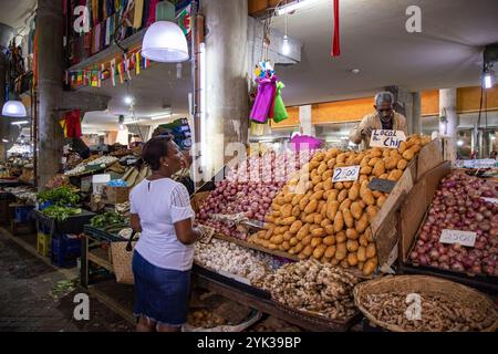 Cipolle e patate in vendita presso il banco di verdure del mercato centrale di Port Louis, Port Louis, Port Louis, Mauritius, Oceano Indiano Foto Stock