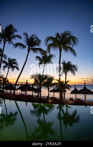 Riflesso di palme da cocco e ombrelli di paglia nella piscina del Royal Palms Beachcomber Luxury (Beachcomber Resorts) al tramonto, Grand Baie, R. Foto Stock