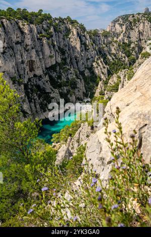 Vista dall'alto della Calanque d'EN-vau tra Cassis e Marsiglia, Provenza, Francia, Europa Foto Stock