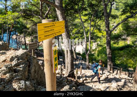 Segnaletica escursionistica nel Parco Nazionale delle Calanques tra Cassis e Marsiglia, Provenza, Francia, Europa Foto Stock
