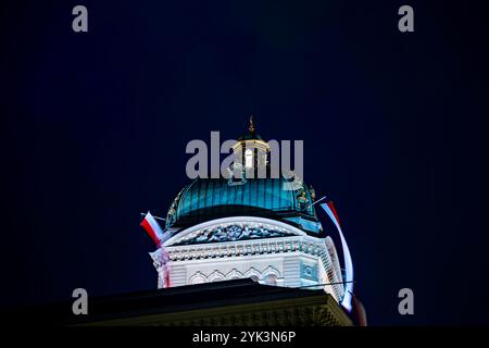 La splendida Torre del Bundeshaus illuminata dal Parlamento o dal Palazzo Federale con bandiera di notte nella città di Berna, Canton Berna, Svizzera. Foto Stock