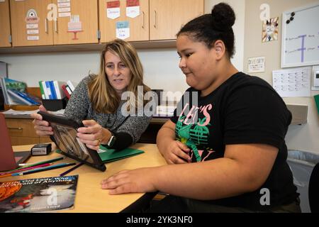 Gli studenti della terza elementare della Northwest Elementary School lavorano su un esercizio di matematica, Lebanon, Pa., 17 ottobre 2024. Come parte di un più ampio aggiornamento degli standard nutrizionali scolastici annunciato all'inizio di quest'anno, l'USDA ha reso più facile per le scuole acquistare cibi locali. All'inizio di quest'anno scolastico (2024-2025), l'USDA ha istituito un cambiamento di politica che consente alle scuole di richiedere che gli alimenti siano coltivati localmente, allevati o catturati quando effettuano acquisti per i loro programmi di pasto. L'investimento da 500 milioni di dollari recentemente annunciato in Local Foods for Schools incoraggerà le scuole a sfruttare questa nuova opzione per acquistare prodotti locali. Per aiutare la emp Foto Stock