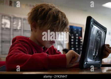 Gli studenti della terza elementare della Northwest Elementary School lavorano su un esercizio di matematica, Lebanon, Pa., 17 ottobre 2024. Come parte di un più ampio aggiornamento degli standard nutrizionali scolastici annunciato all'inizio di quest'anno, l'USDA ha reso più facile per le scuole acquistare cibi locali. All'inizio di quest'anno scolastico (2024-2025), l'USDA ha istituito un cambiamento di politica che consente alle scuole di richiedere che gli alimenti siano coltivati localmente, allevati o catturati quando effettuano acquisti per i loro programmi di pasto. L'investimento da 500 milioni di dollari recentemente annunciato in Local Foods for Schools incoraggerà le scuole a sfruttare questa nuova opzione per acquistare prodotti locali. Per aiutare la emp Foto Stock