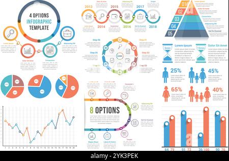 Elementi infografici: Grafici a barre e linee, grafici a torta, passaggi, opzioni, timeline, infografiche persone, illustrazione vettoriale eps10 Illustrazione Vettoriale