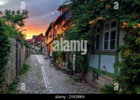 Case, metà in legno, Medioevo, Quedlinburg, vicoli, Harz, Sassonia-Anhalt, Germania, Europa Foto Stock