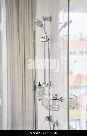 Box doccia con soffione, dispenser per sapone, porta in vetro e maniglia in metallo Foto Stock