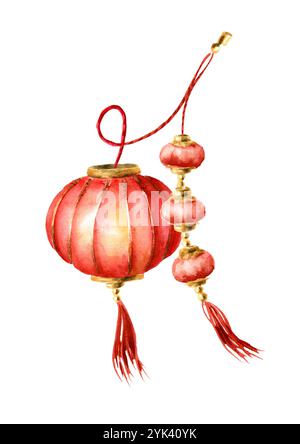 Lanterne rosse tradizionali cinesi, Capodanno cinese. Illustrazione dipinta a mano ad acquerello, isolata su sfondo bianco Foto Stock