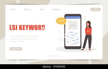 Parola chiave LSI. Modello di landing page. Indicizzazione semantica latente. Marketing sui motori di ricerca. Illustrazione vettoriale in stile cartone animato piatto. Analisi Web Illustrazione Vettoriale
