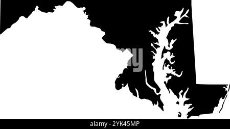 Mappa di contorno dello stato del Maryland, Stati Uniti. Illustrazione grafica vettoriale su uno sfondo trasparente con bordi di area neri Illustrazione Vettoriale
