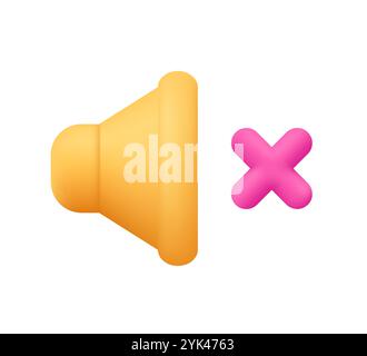 Altoparlante audio con annullamento incrociato, simbolo di eliminazione. Silenziamento, assenza di audio, silenziosità. Controllo volume audio, altoparlante. icona vettoriale 3d. Cartoon minimal sty Illustrazione Vettoriale