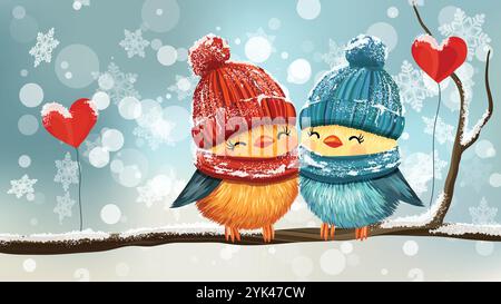 Romantica coppia di uccelli carini in amore seduti su un ramo d'albero Illustrazione Vettoriale