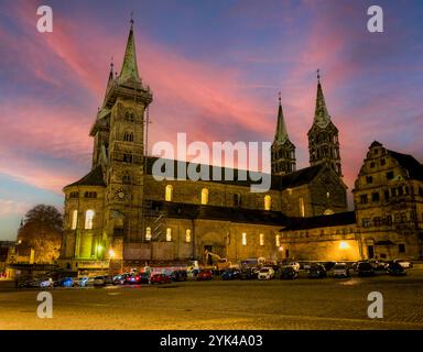 Cattedrale di Bamberga di notte alta Franconia, Baviera, Germania, Europa Foto Stock