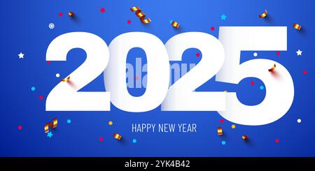 Felice anno nuovo 2025. Numeri festivi 2025 con coriandoli dorati. Design di poster o striscioni per le feste. Illustrazione vettoriale Illustrazione Vettoriale