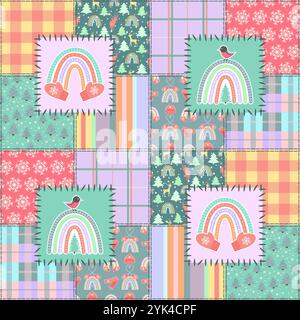 Motivo senza cuciture Boho Rainbow Patchwork natalizio Illustrazione Vettoriale