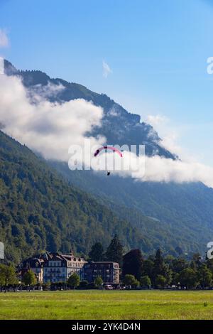 Parapendio sopra Hohematte Park, Interlaken, Svizzera Foto Stock