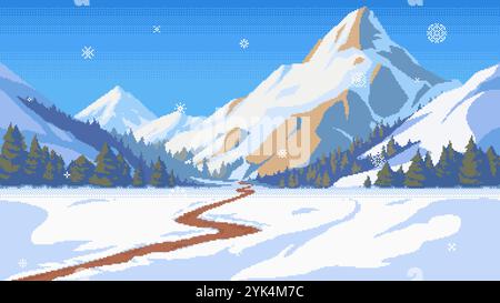 Pixel art invernale, catene montuose illuminate dal sole coperte di neve. Illustrazione vettoriale a 16 bit in stile videoludico retrò Illustrazione Vettoriale