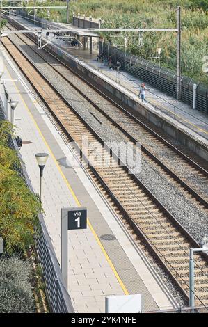 Viladecans. Spagna - 17 novembre 2024: Un'immagine aerea della pista principale della stazione di Viladecans, che mostra l'intricato layout e la connettività della rai Foto Stock