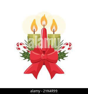 Collezione di candele natalizie profumate di soia, decorate con rami di abete, canne di caramelle, holly. arredi e comfort festivi, per il relax e. Illustrazione Vettoriale