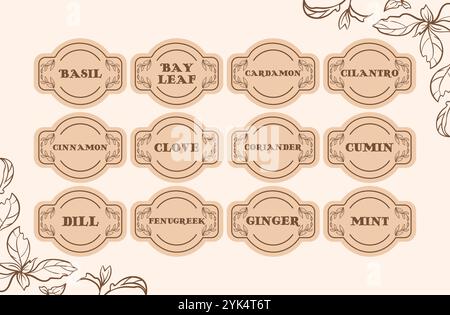 Questa collezione di etichette e adesivi per vasetti di spezie è stata ideata per aiutarti a organizzare in modo efficiente la tua dispensa. Tenere le erbe e le spezie chiaramente contrassegnate Illustrazione Vettoriale
