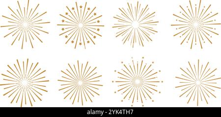 Fuochi d'artificio, illustrazione a raffica di sole o stelle, forme vettoriali retrò, set decorativo di clip art per festeggiare le feste Illustrazione Vettoriale