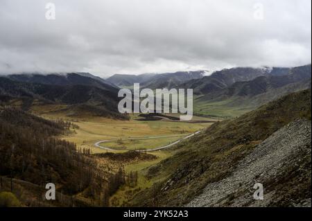 Paesaggio montano nella Repubblica di Altai, montagne autunnali con alberi verdi e gialli. Passo Chike-Taman sulle montagne dell'Altai, Siberia, Russia. Autunno l Foto Stock