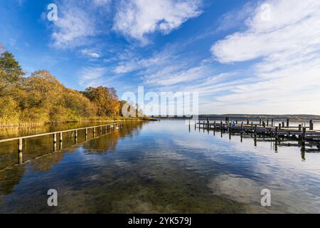 Molo e alberi sul lago Plauer SEE nella città di Plau am SEE, Germania. Foto Stock