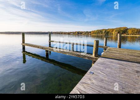 Molo e alberi sul lago Plauer SEE nella città di Plau am SEE, Germania. Foto Stock