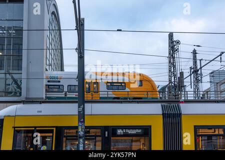 Germania Berlino 16 novembre 2024. Un treno giallo e bianco è sui binari. Il treno è in movimento ed è circondato da cavi Foto Stock