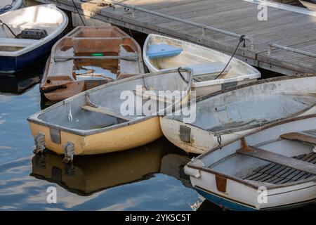 piccole barche a remi, gommoni e tender ormeggiati insieme su un pontile in un porticciolo di yacht che si riflette nelle acque calme. Gommone, tender e barca a remi. Foto Stock