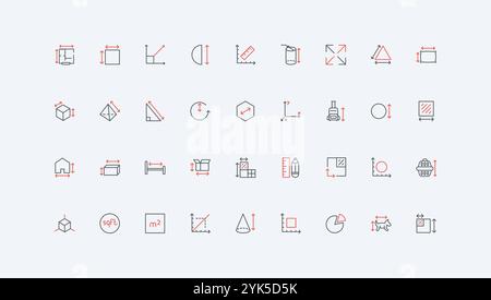Frecce di quotatura e righello per misurare il diametro del cerchio, la larghezza e l'altezza, insieme di icone della linea di profondità. Frecce isometriche con scale, area quadrata e ambiente, simboli di contorno neri e rossi sottili, illustrazione vettoriale Illustrazione Vettoriale