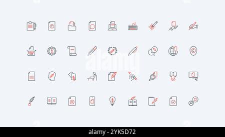 Contenuto creativo di autore e blogger, set di icone della linea di narrazione. Piume, penna e matita del giornalista per scrivere l'articolo, creazione di testo nel blog, sottili simboli di contorno neri e rossi illustrazione vettoriale Illustrazione Vettoriale