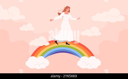 Ragazza che cammina sull'arcobaleno nelle nuvole, salute mentale, benessere e tranquillità. Giovane donna in abito bianco in piedi su arcobaleno per creare un'atmosfera piacevole e un'illustrazione vettoriale dei cartoni animati dall'umore positivo Illustrazione Vettoriale