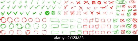 Segni di spunta Set scarabocchi. Elementi di voto. Sì o no segnali e casella di controllo quadrata, rettangolare o rotonda per la scelta disegnata a mano. Matita verde e rossa al carbone Illustrazione Vettoriale